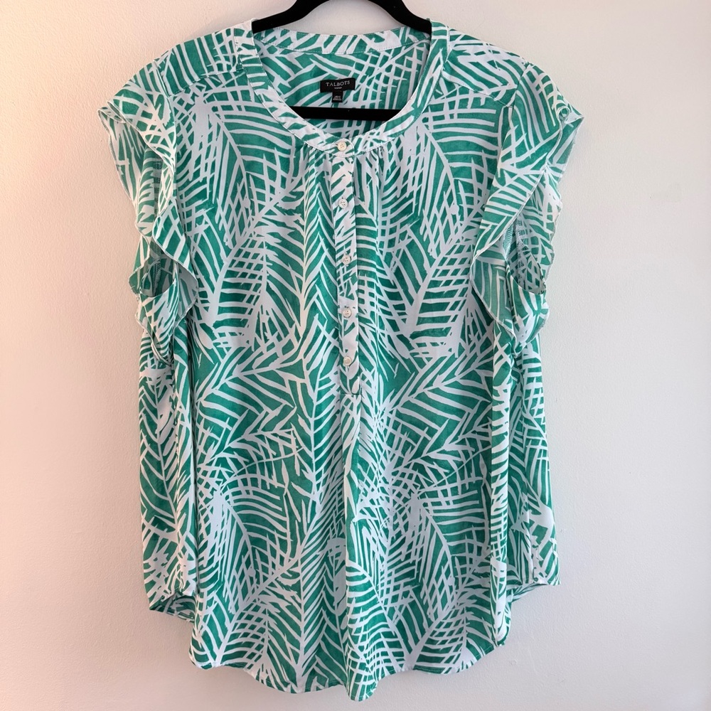 Talbots Teal and White Leaf-Print Ruffle Sleeve Blouse